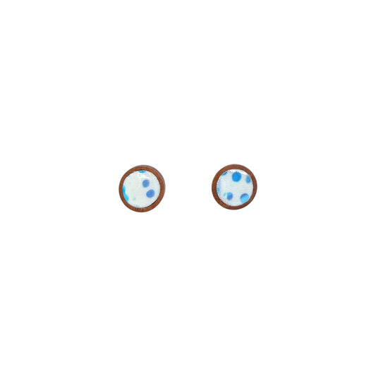 Blue-Tone Wooden Fabric Stud Earrings