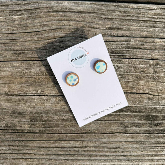 Blue-Tone Wooden Fabric Stud Earrings