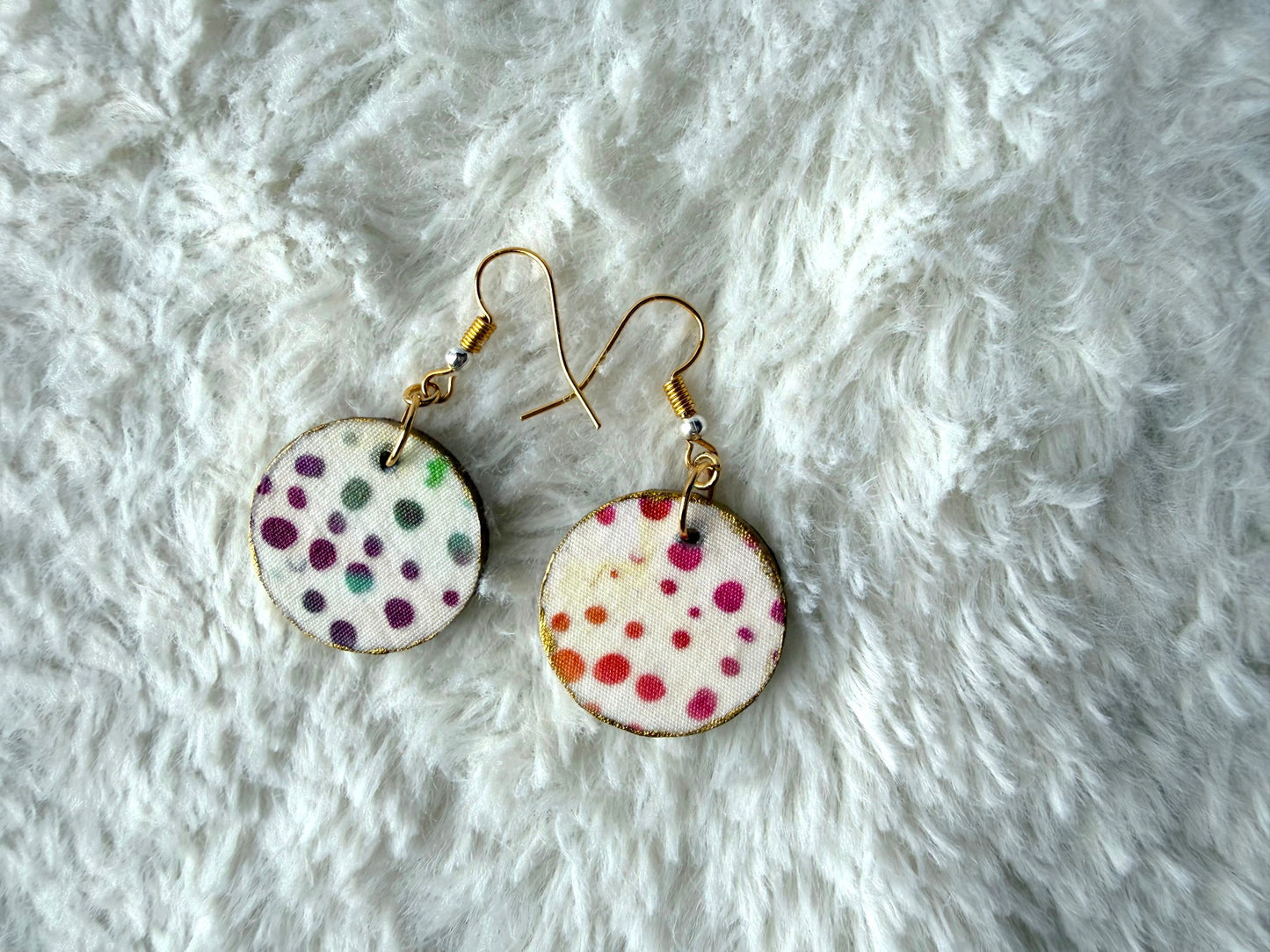 Wooden fabric Dangle Earrings- Colorful Dots